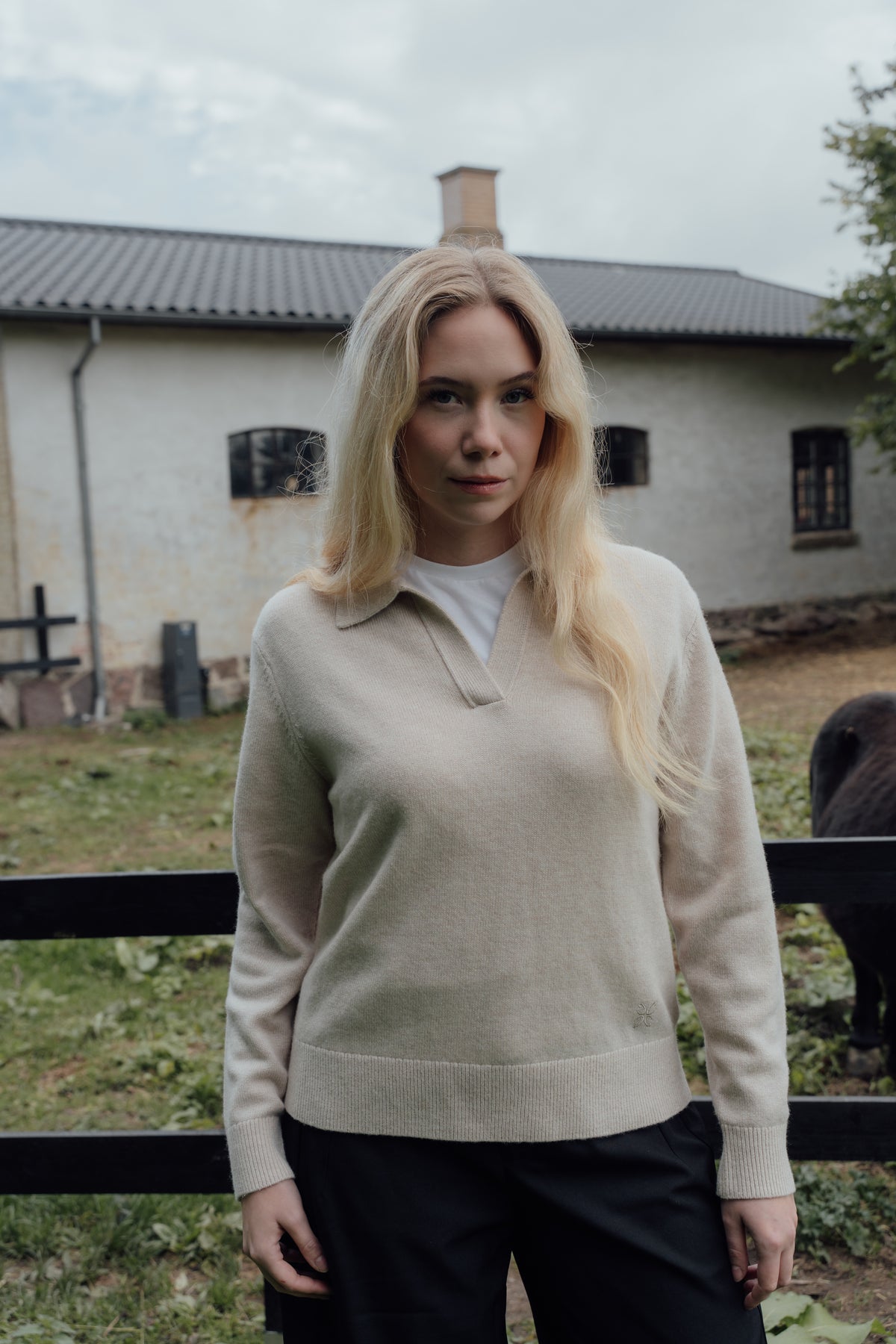 Front view of the beige Cashmere-Merino Polo Jumper, showing its collar and ribbed hem.