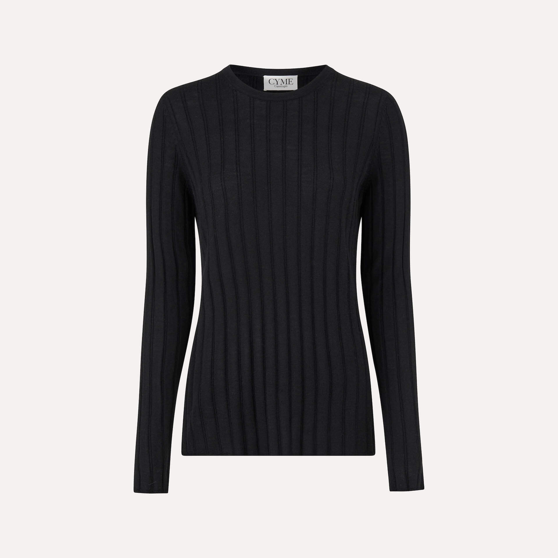 A black, long-sleeve, ribbed-knit sweater with a round neckline. The sweater features a slim fit and is displayed on a plain background.