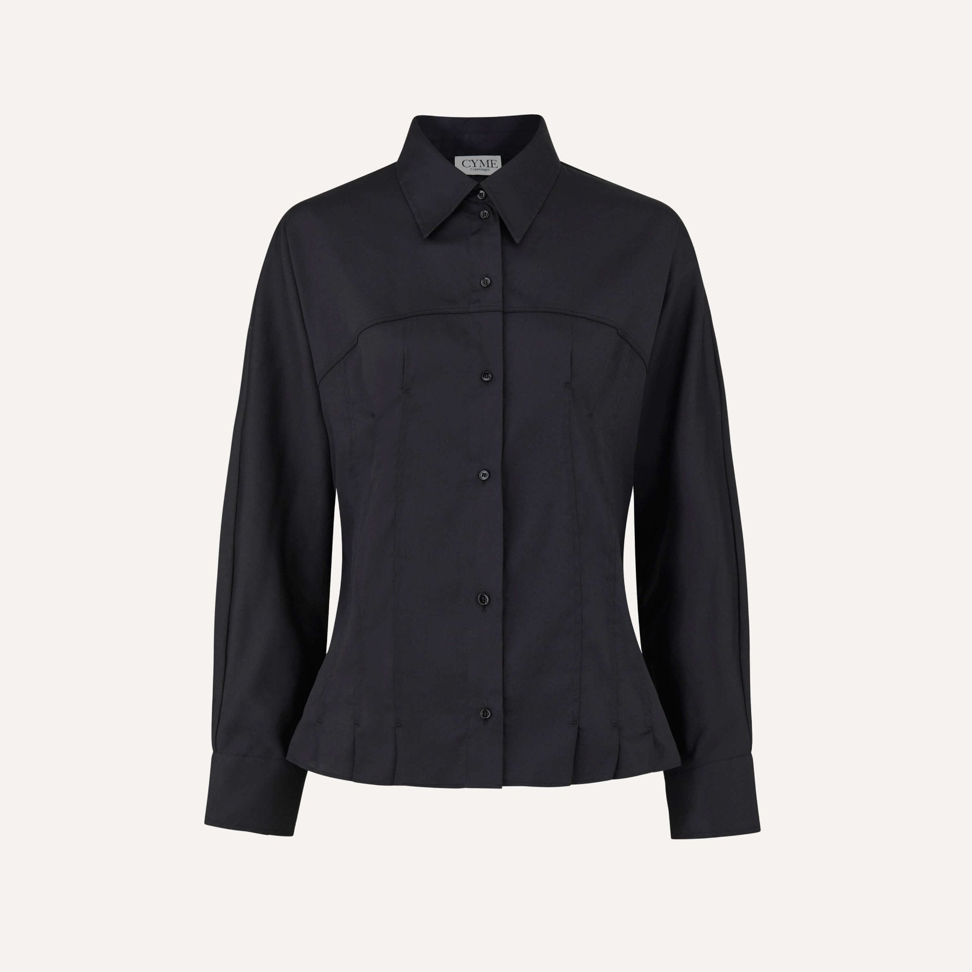 A black, long-sleeve, button-down shirt with a classic collar and tailored fit. The shirt features subtle stitching details and is displayed on a plain background.