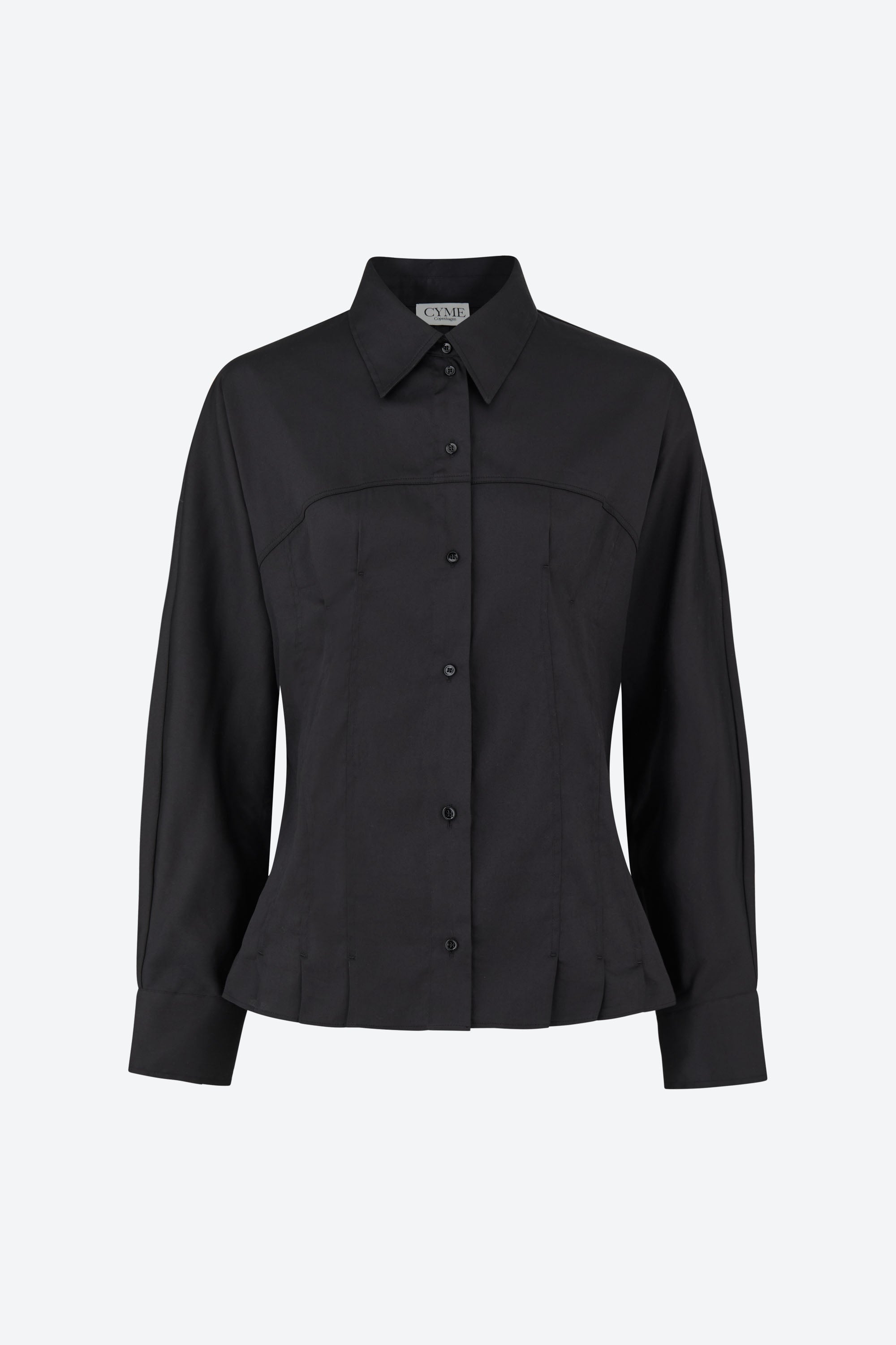 A black, long-sleeve, button-down shirt with a classic collar and tailored fit. The shirt features subtle stitching details and is displayed on a plain background.