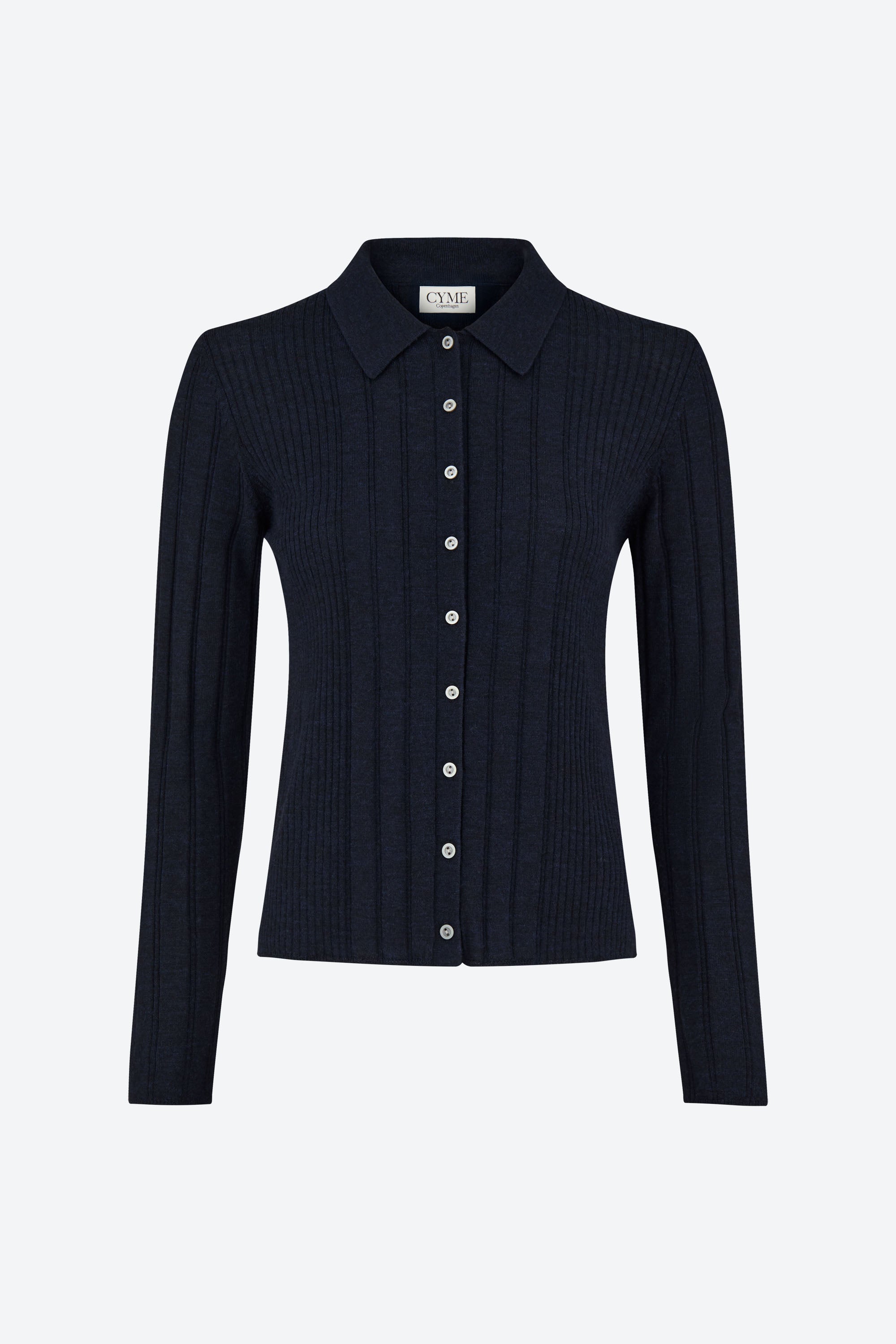 Front packshot of ribbed knit cardigan with shirt collar, navy, CYME Copenhagen.
