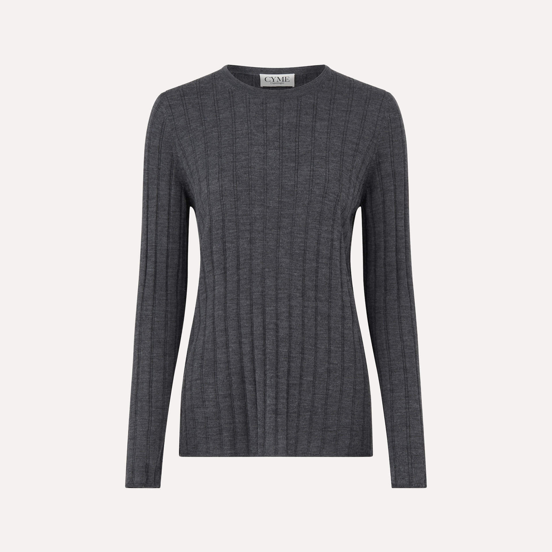 Front view of a dark gray long-sleeve ribbed knit top with a crew neckline, displayed on a plain background.