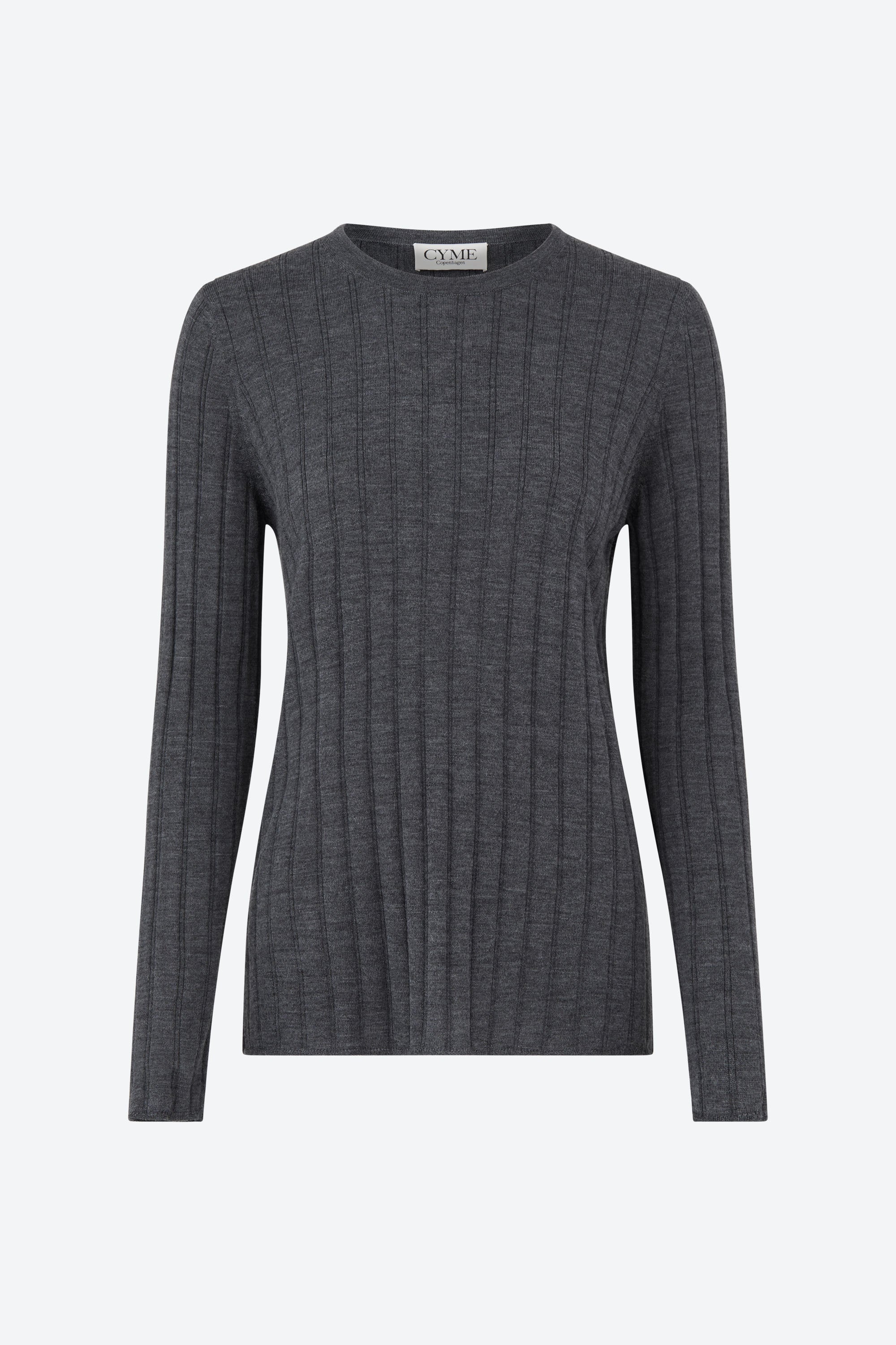 Front view of a dark gray long-sleeve ribbed knit top with a crew neckline, displayed on a plain background.