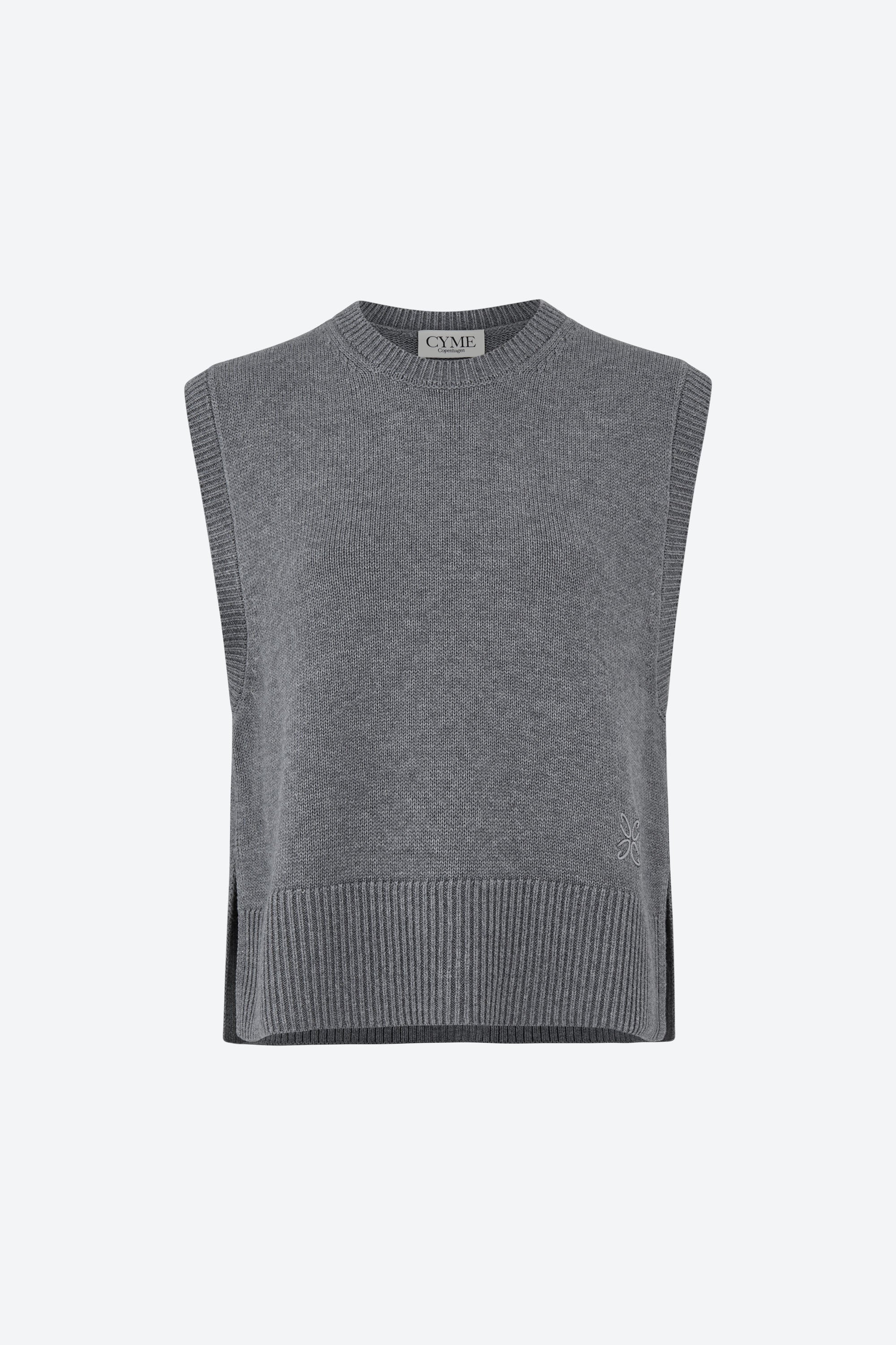 Front view of a gray sleeveless knit vest with a crew neckline and ribbed hem. The vest features a small embroidered logo on the lower right side, displayed on a plain background.