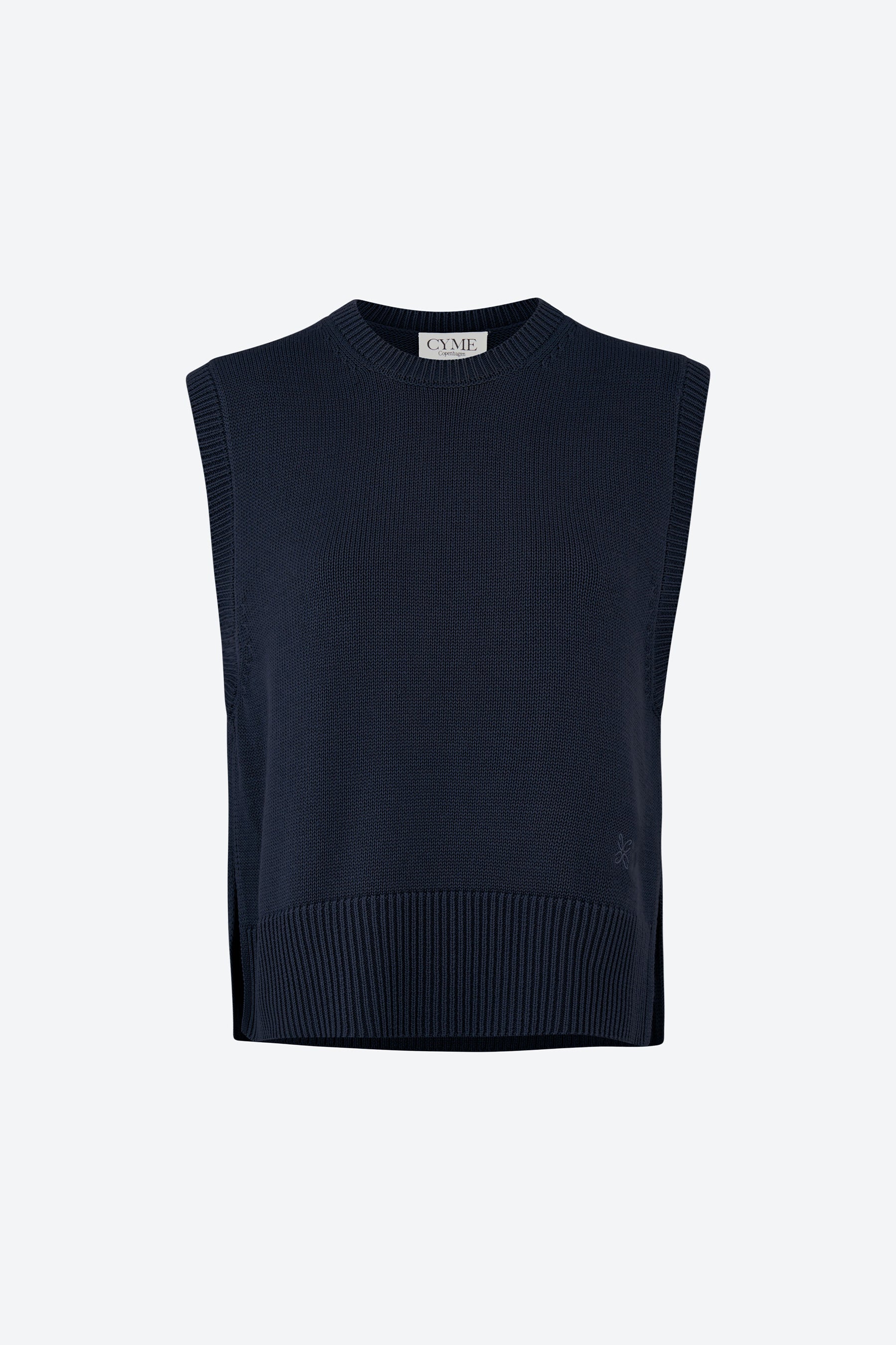 Front packshot of women's knitted vest, sleeveless crew neck, navy, CYME Copenhagen.