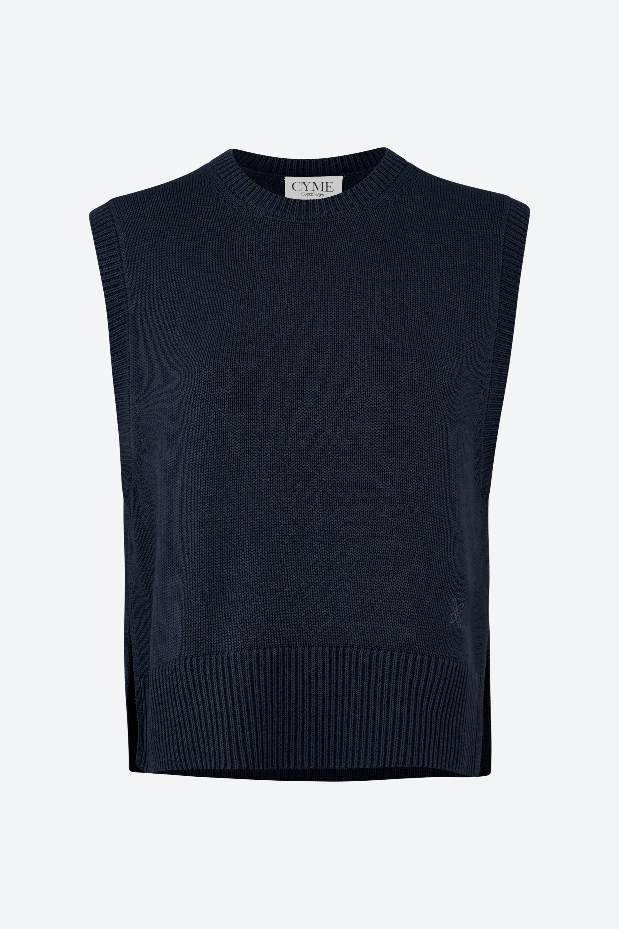 Front packshot of women's knitted vest, sleeveless crew neck, navy, CYME Copenhagen.