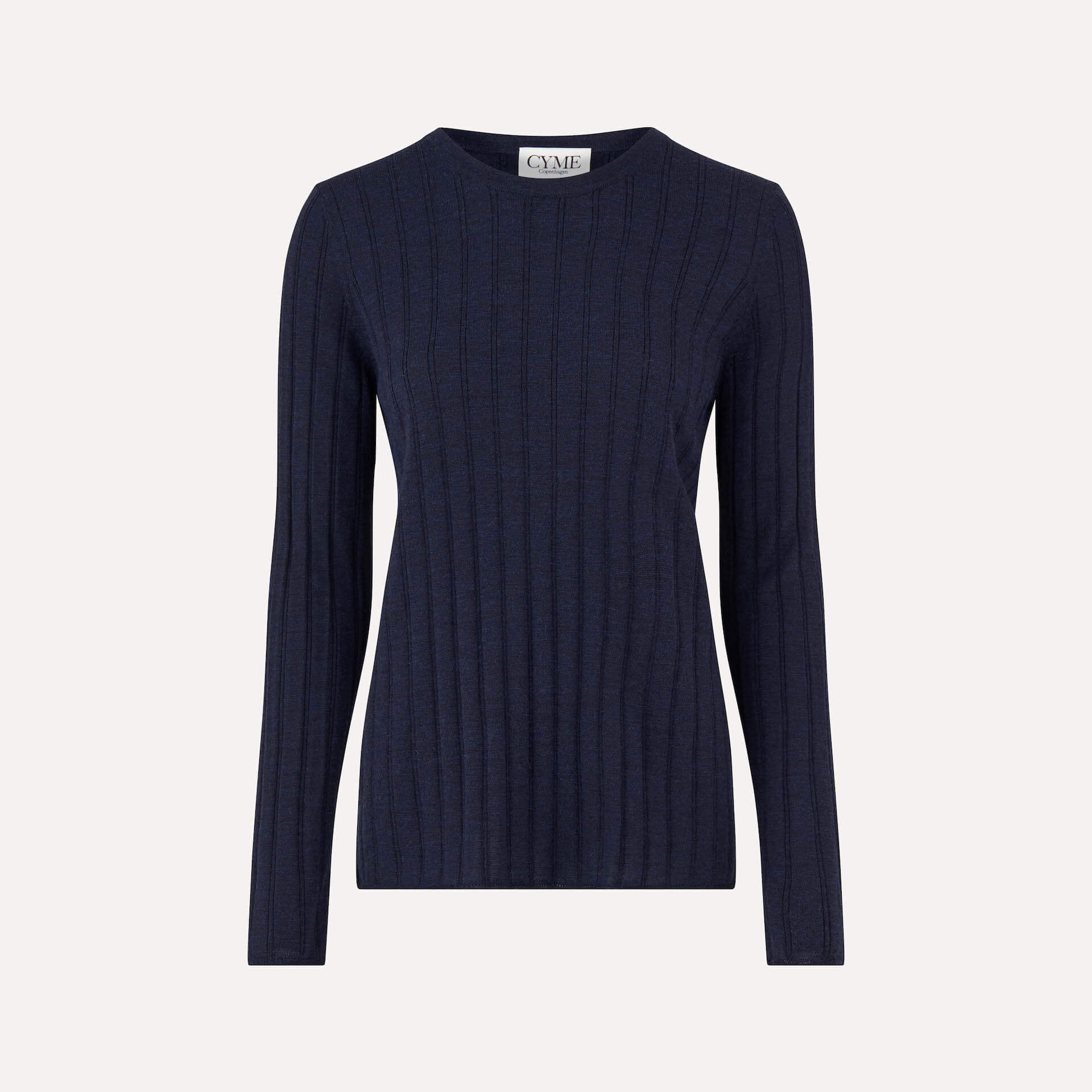 Front view of a navy blue, long-sleeve, ribbed-knit sweater with a crew neckline. The sweater features a fitted design, displayed on a plain background.