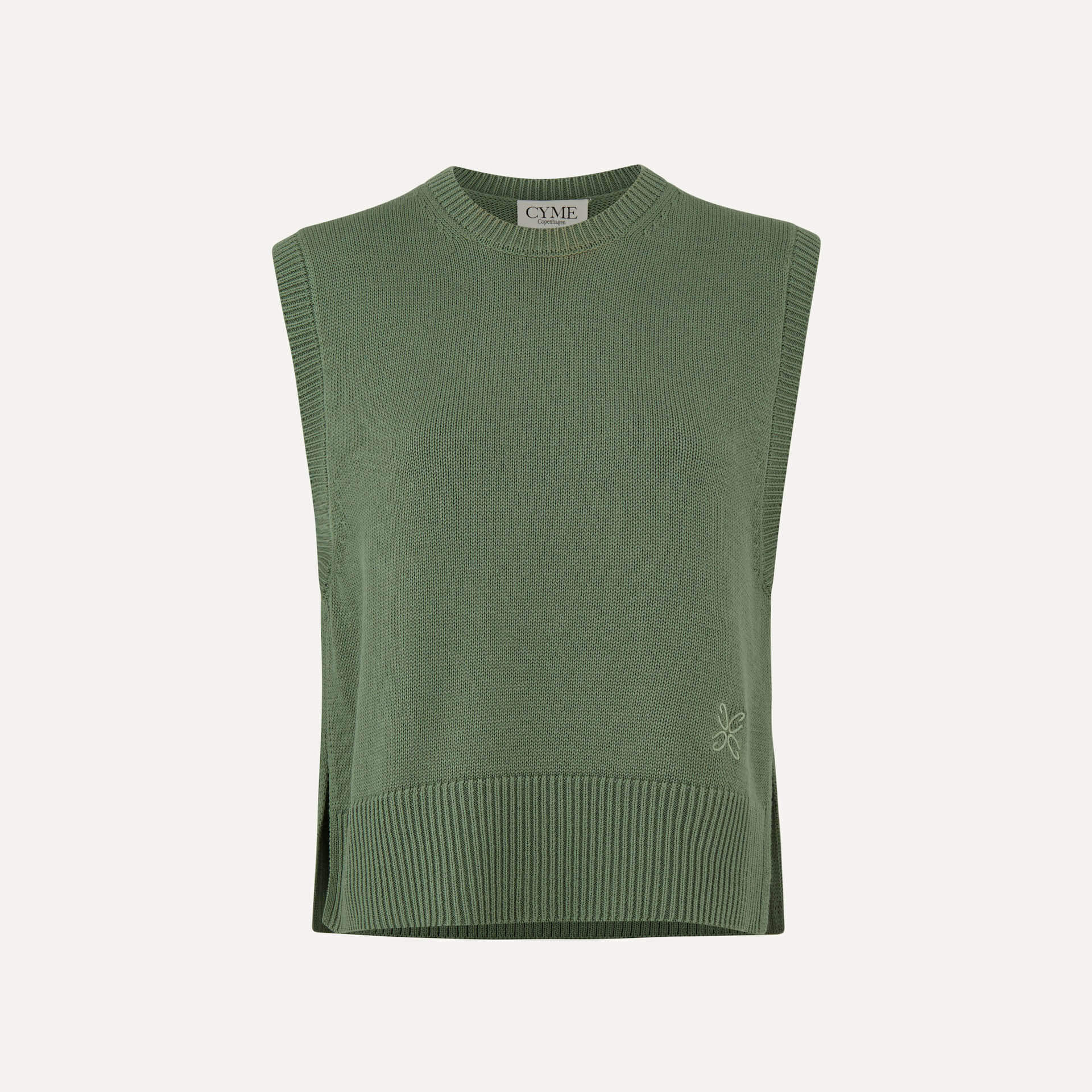 Front view of an olive green sleeveless knit vest with a crew neckline and ribbed hem, displayed on a plain background.