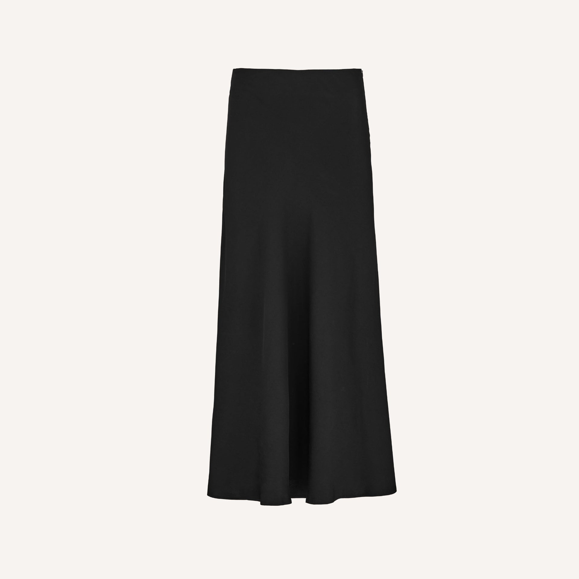 Front view of the CYME Satin Skirt in black. A high-waisted, ankle-length skirt with a fluid drape and subtle flare—made from elegant satin for refined movement and shine.