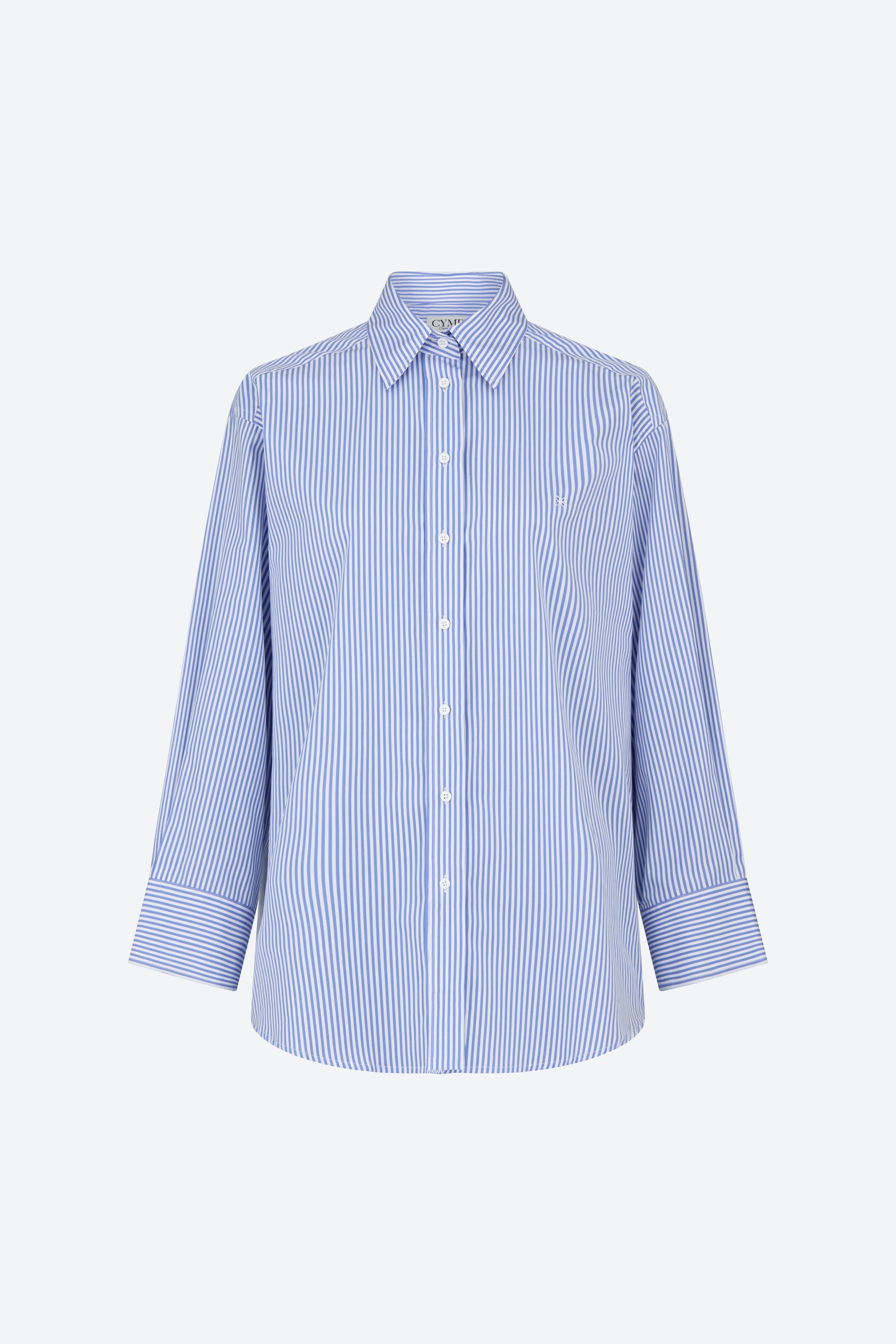 Front view of the CYME Supima Shirt in blue and white stripes. Crafted from rare Supima cotton, this shirt offers a crisp, breathable feel.
