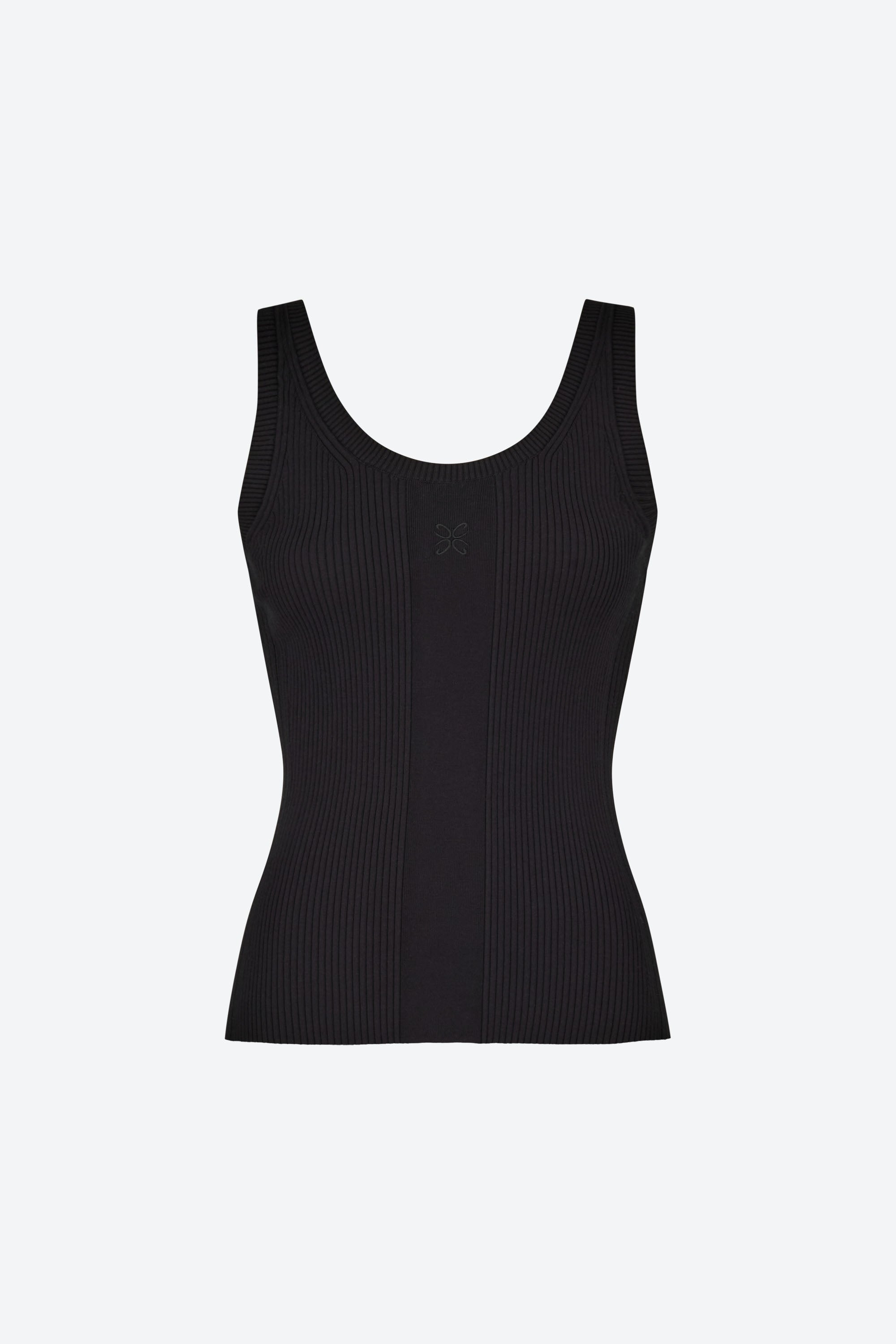 Front view of the CYME CC Top in black. A fitted, ribbed tank top made from soft and stretchy fabric with CYME’s embroidered logo.