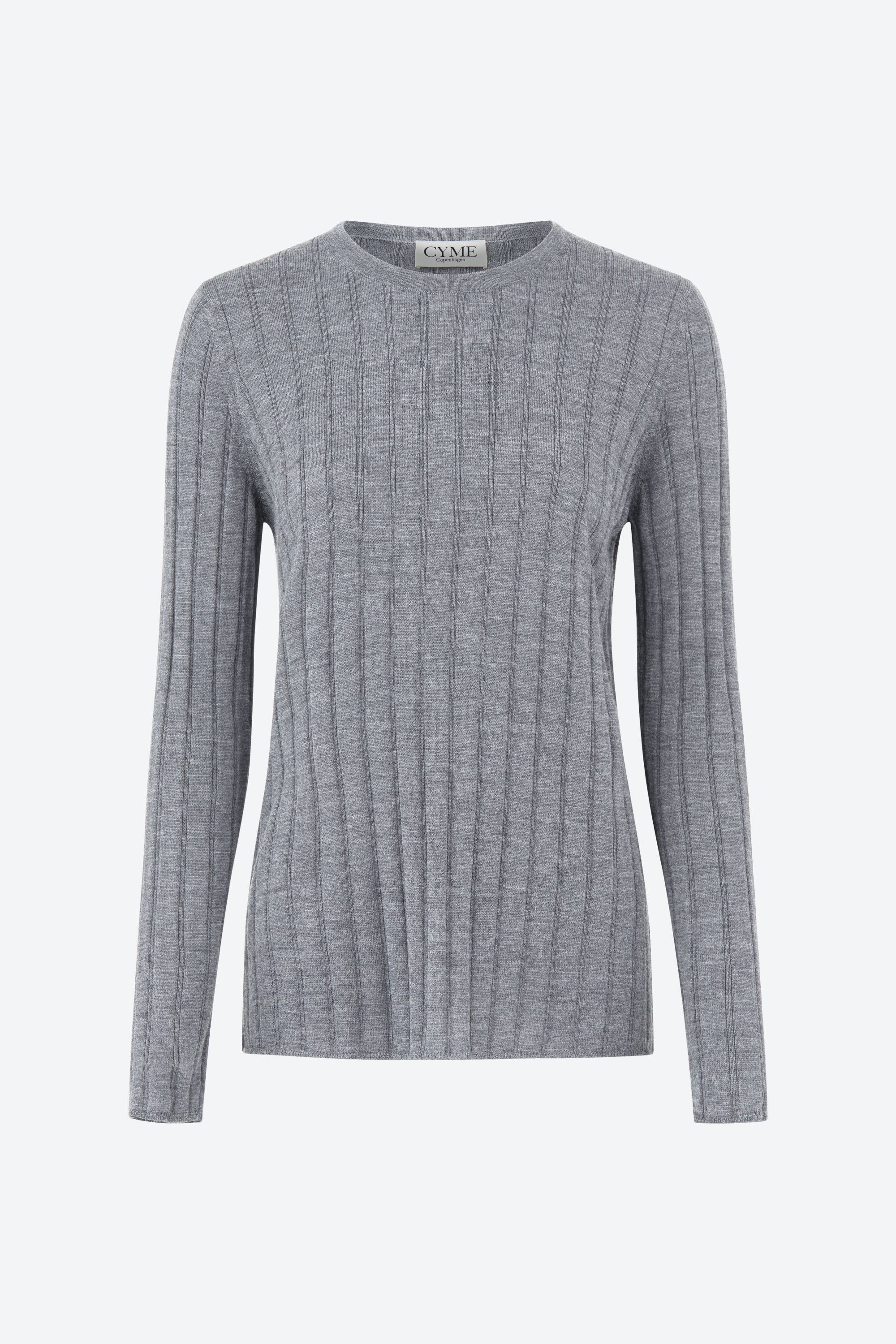 Front packshot of ribbed knit crew-neck sweater, light grey, CYME Copenhagen.