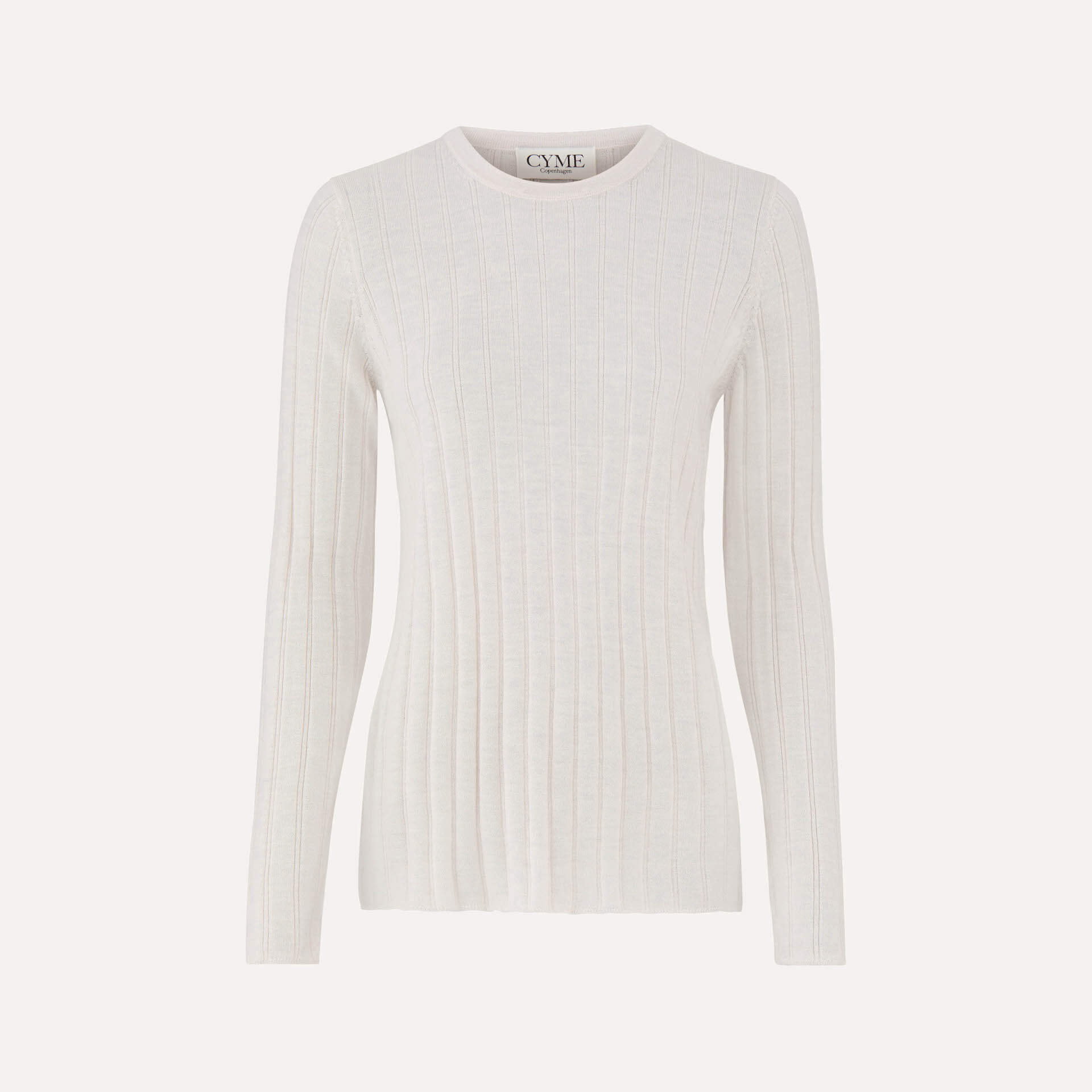 A white, long-sleeve, ribbed-knit sweater with a round neckline. The sweater features a slim fit and is displayed on a plain background.