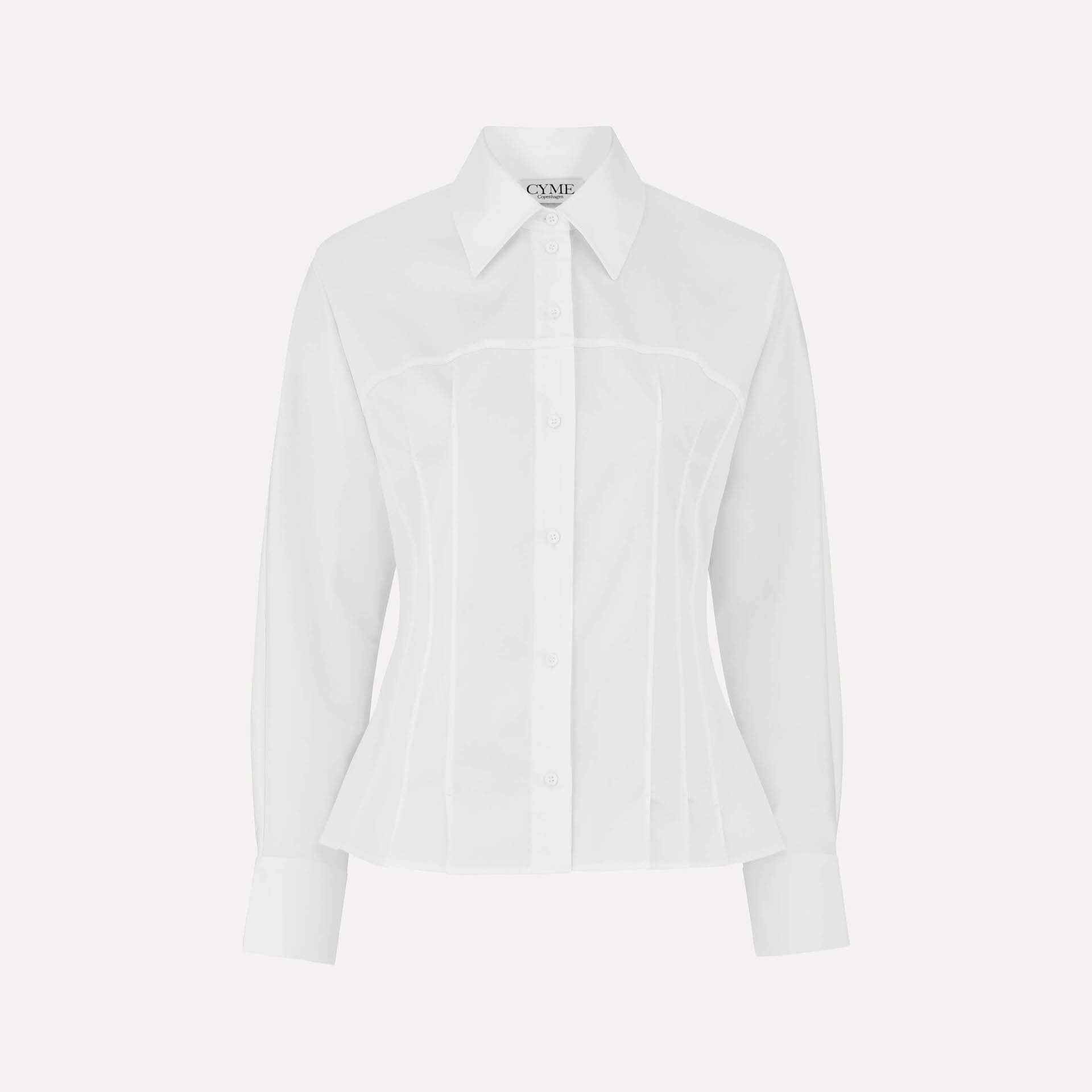 A white, long-sleeve, button-down shirt with a classic collar and tailored fit. The shirt features subtle vertical stitching details and is displayed on a plain background.